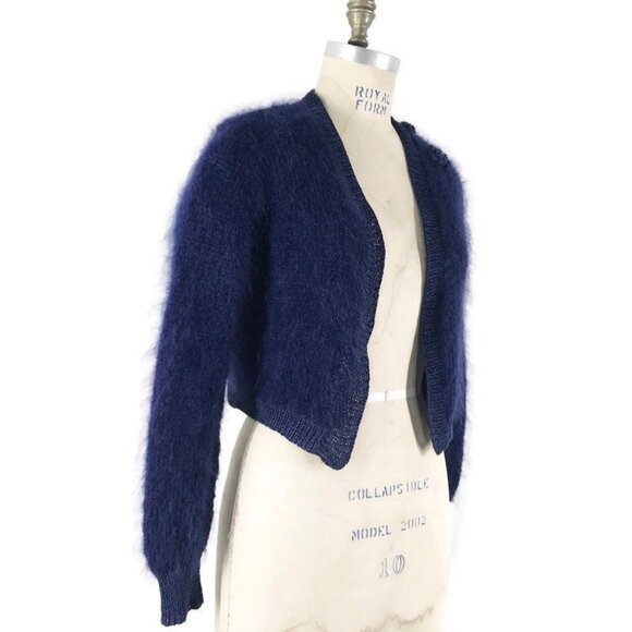 Mohair Sweater Shaggy Cropped Navy Blue Handknit Bolero Cardigan - Picture 1 of 6